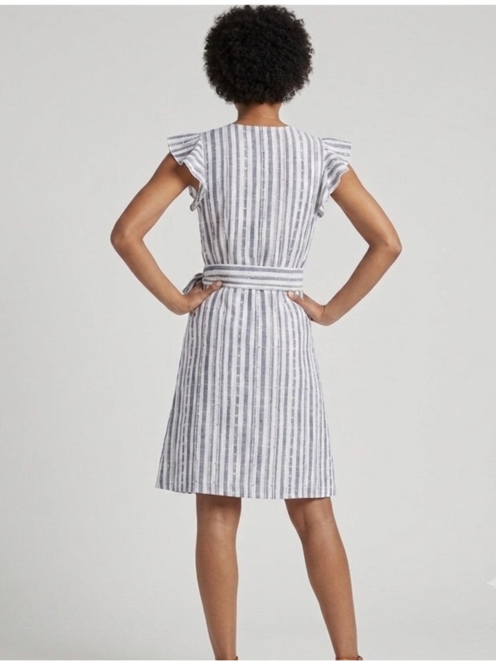 Lucky Brand Blue White Stripe Eyelet Wrap Dress M Cotton Midi Coastal - Picture 2 of 6